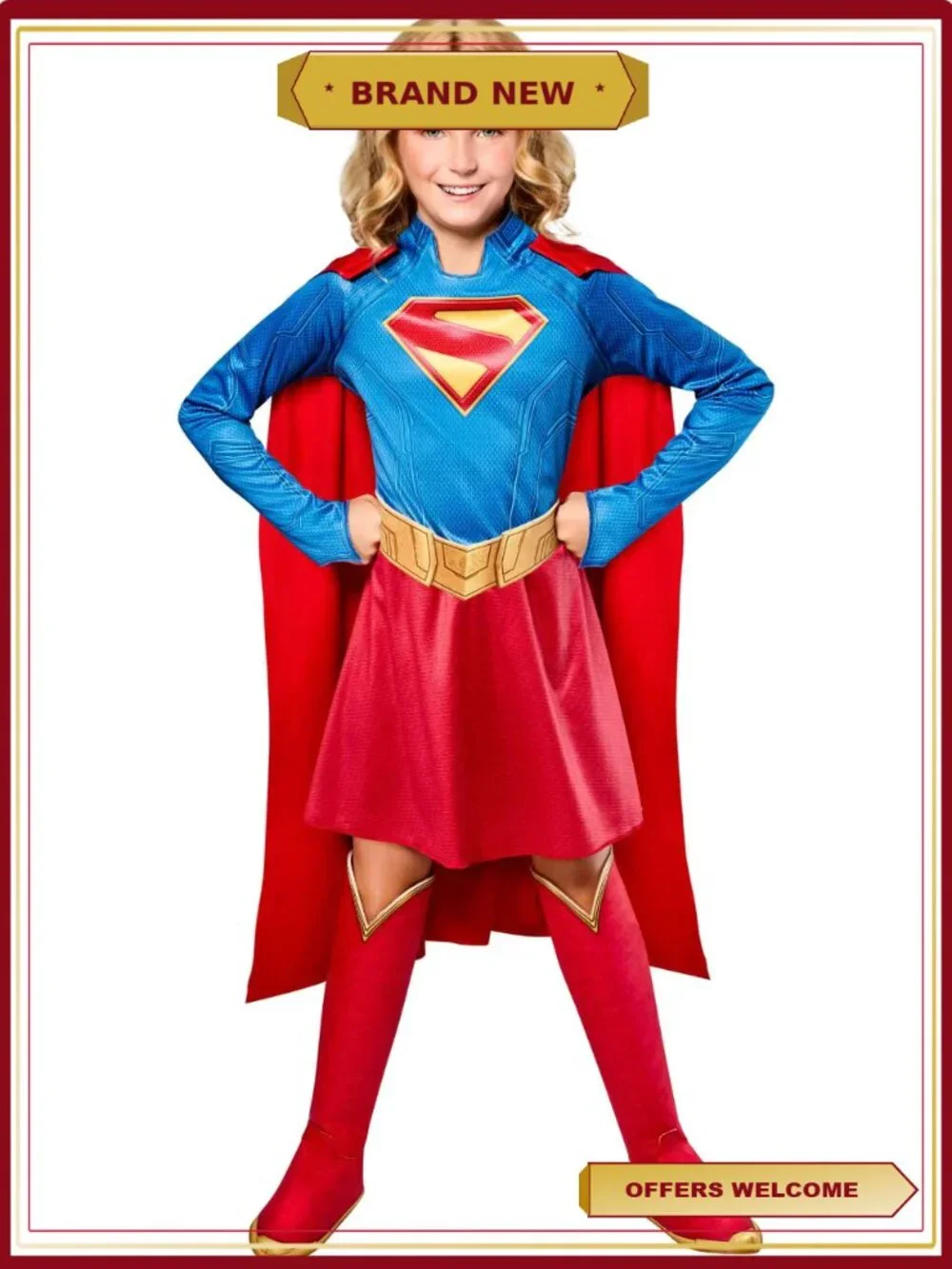 Supergirl Costume Girls Size L Dress Cape Boot Covers Halloween Pretend Play